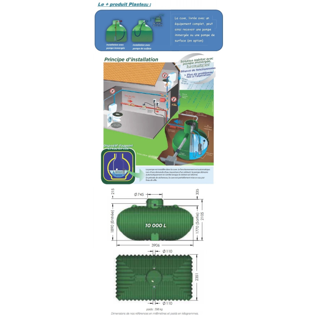 Cuve récupération eau de pluie équipée Ecociter 10000 L Plasteau